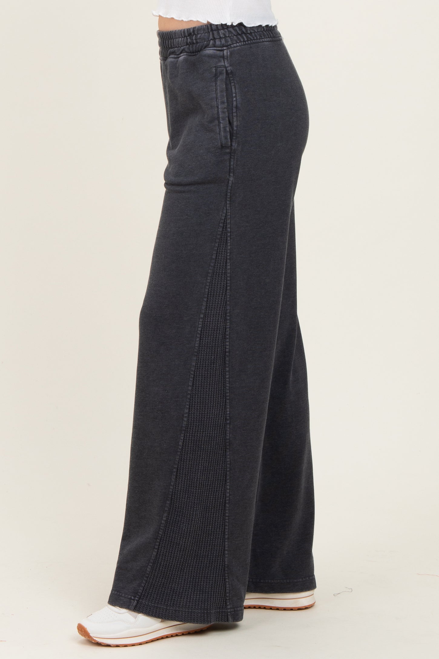 Black Mineral Wash Waffle Knit Contrast Lounge Pants