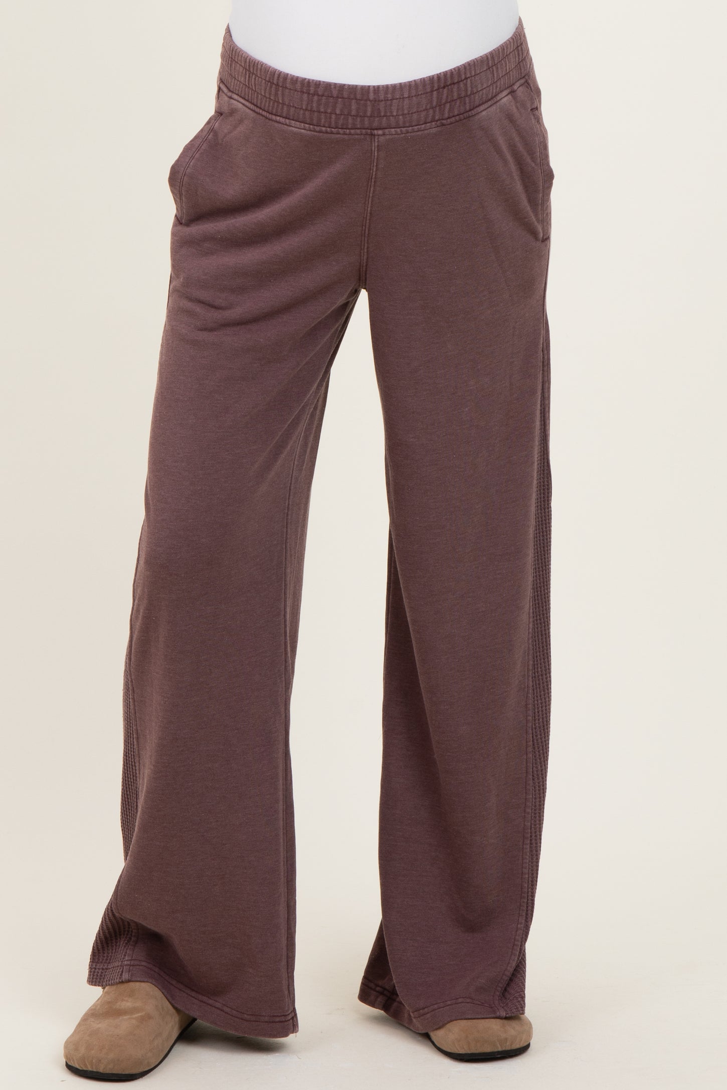 Burgundy Mineral Wash Waffle Knit Contrast Maternity Lounge Pants