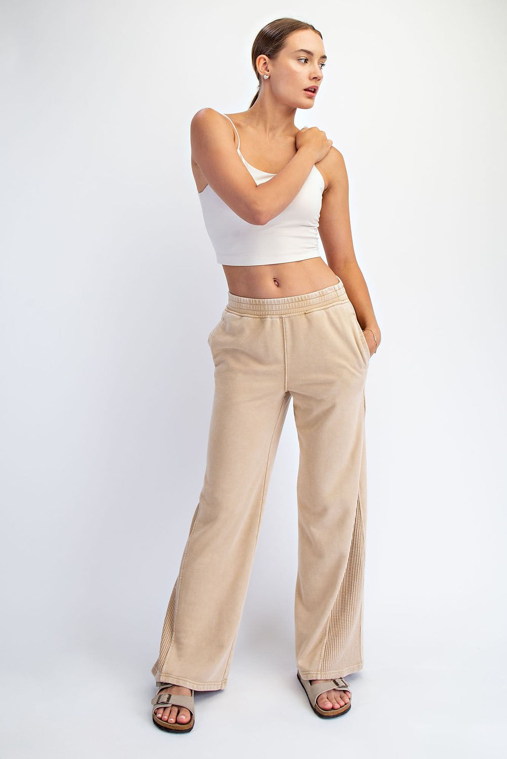 Light Camel Mineral Wash Waffle Knit Contrast Lounge Pants