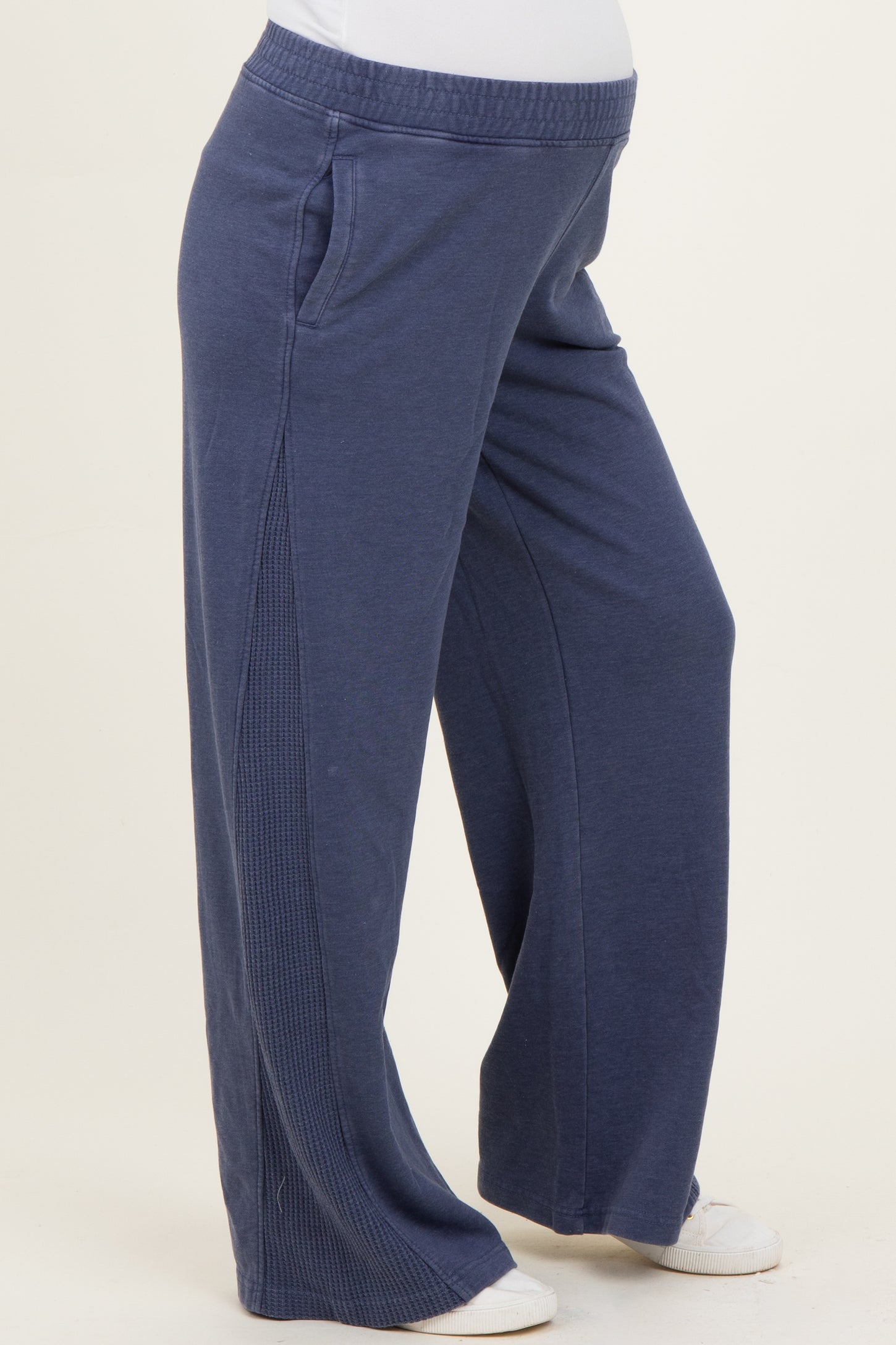 Light Navy Mineral Wash Waffle Knit Contrast Maternity Lounge Pants