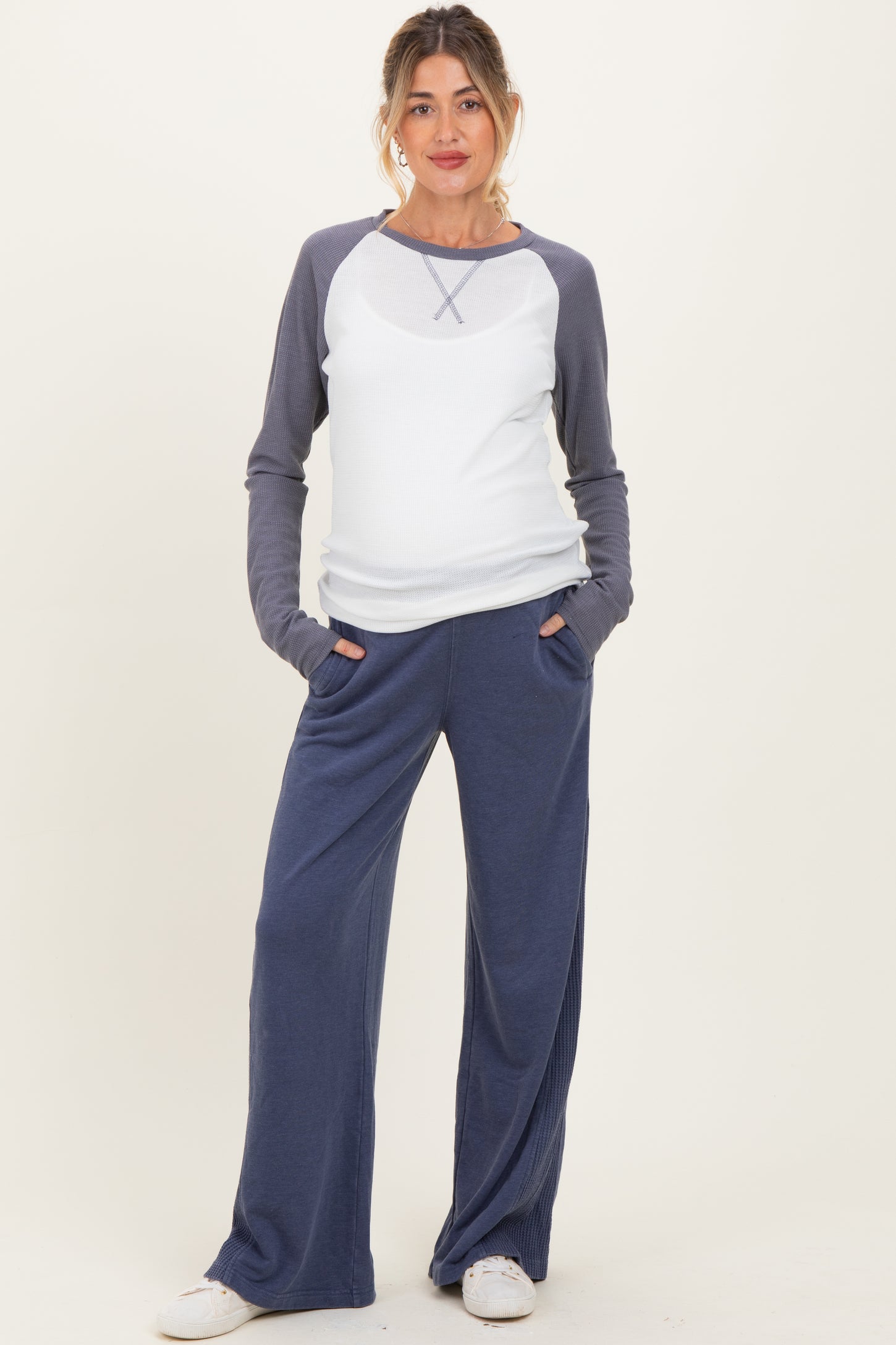 Light Navy Mineral Wash Waffle Knit Contrast Maternity Lounge Pants