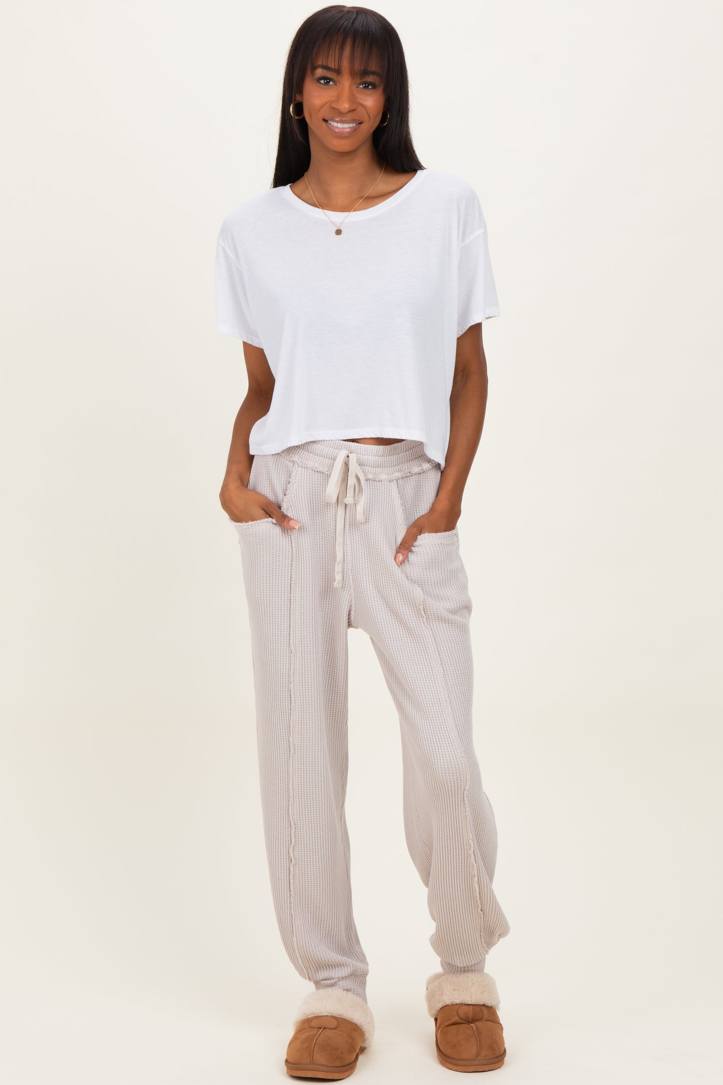 Beige Raw Seam Waffle Knit Joggers