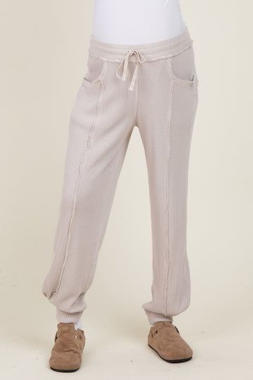 Beige Raw Seam Waffle Knit Maternity Joggers