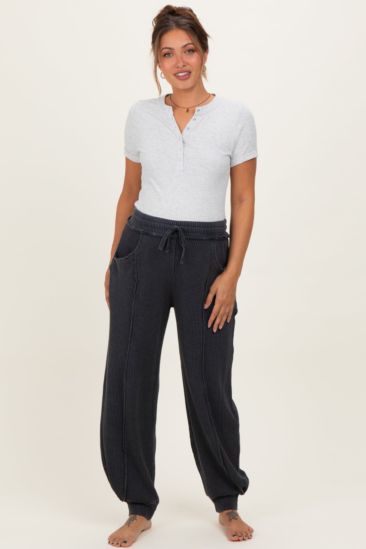 Black Raw Seam Waffle Knit Maternity Joggers