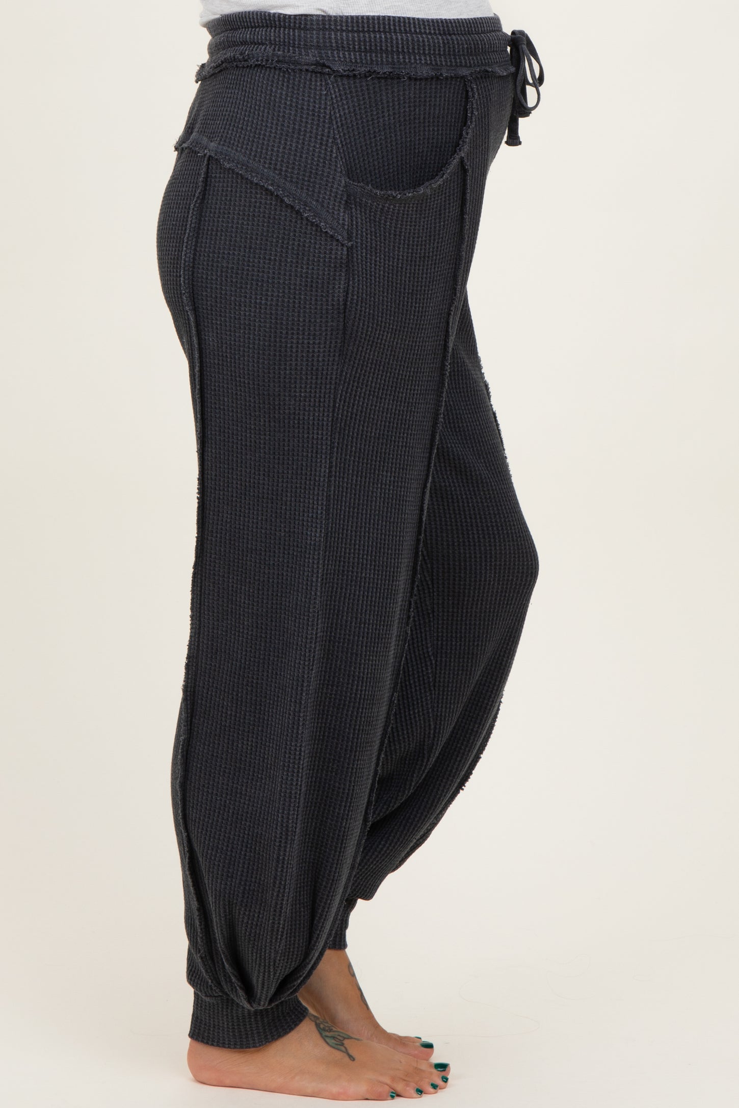Black Raw Seam Waffle Knit Maternity Joggers