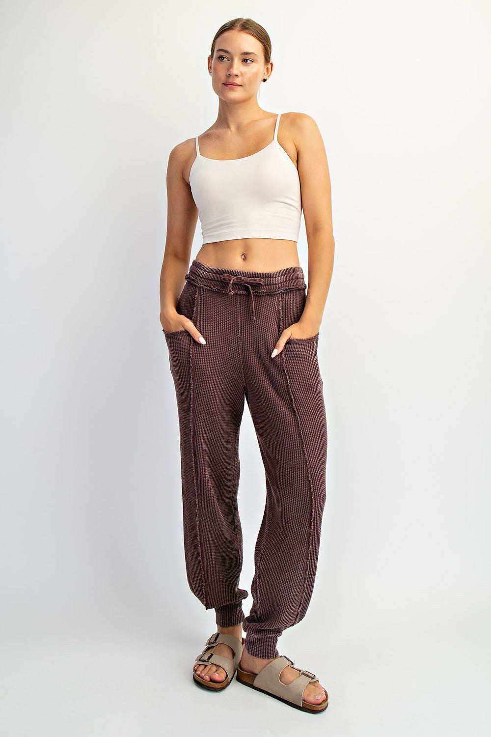 Burgundy Raw Seam Waffle Knit Joggers