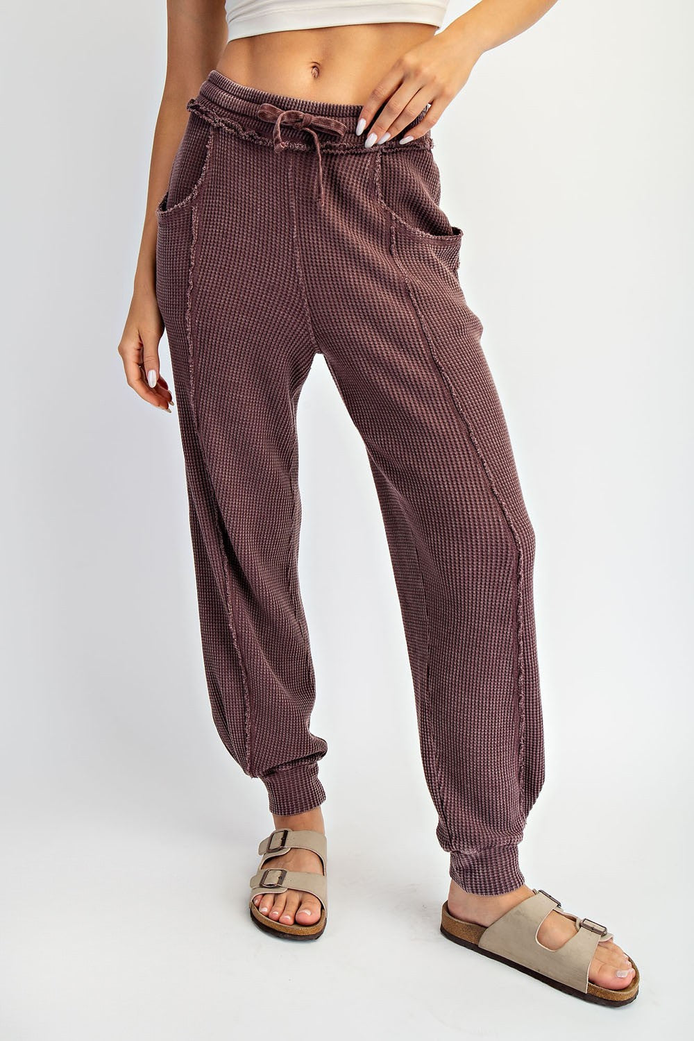 Burgundy Raw Seam Waffle Knit Joggers