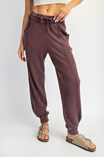 Burgundy Raw Seam Waffle Knit Joggers
