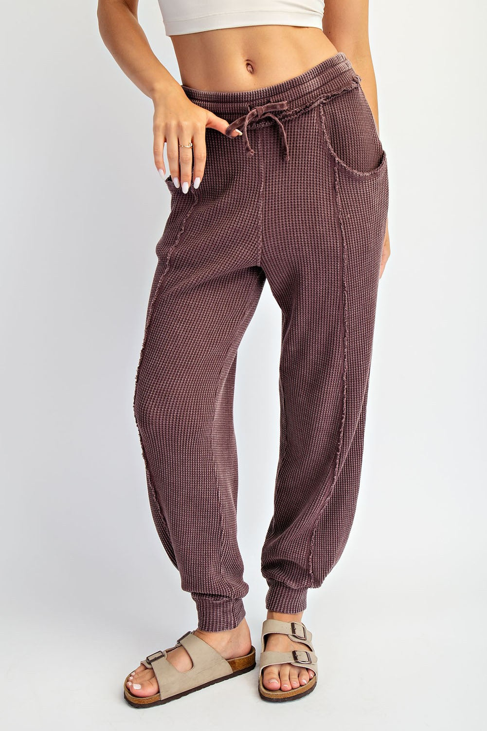 Burgundy Raw Seam Waffle Knit Joggers