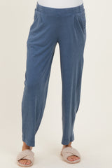Light Navy Mineral Wash Pleated Maternity Lounge Pants