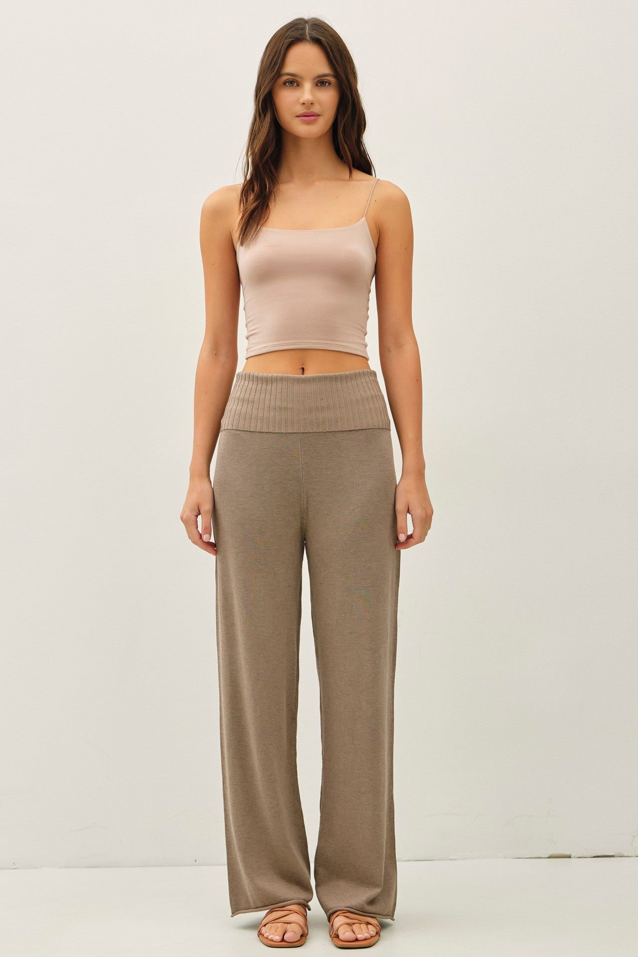 Mocha Ribbed Knit Foldover Waist Pants