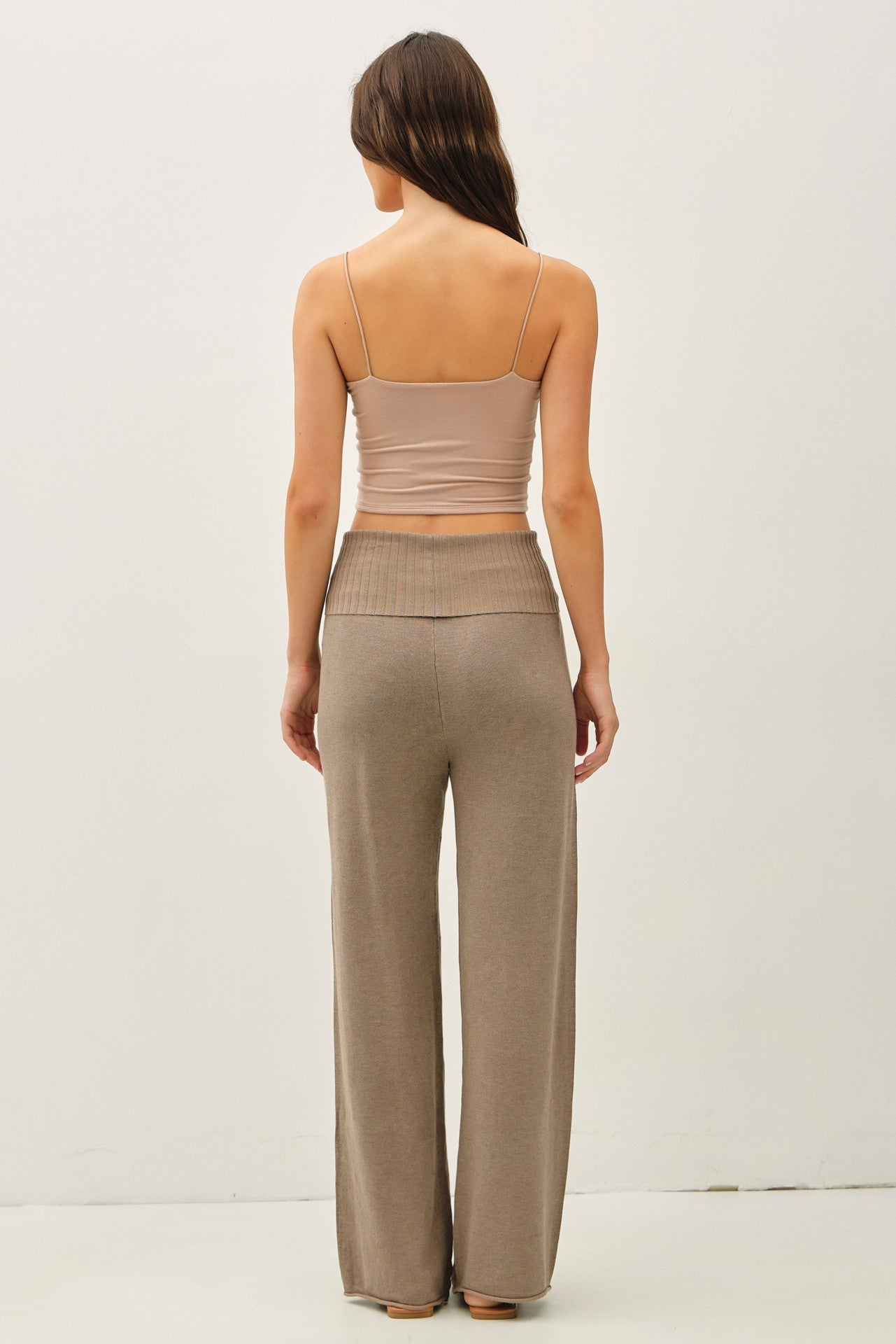 Mocha Ribbed Knit Foldover Waist Pants