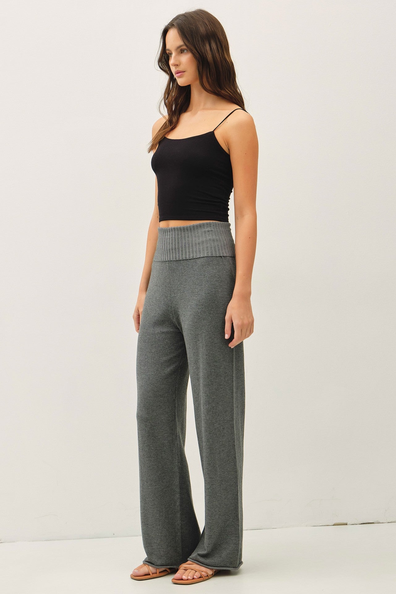 Charcoal Ribbed Knit Foldover Waist Pants