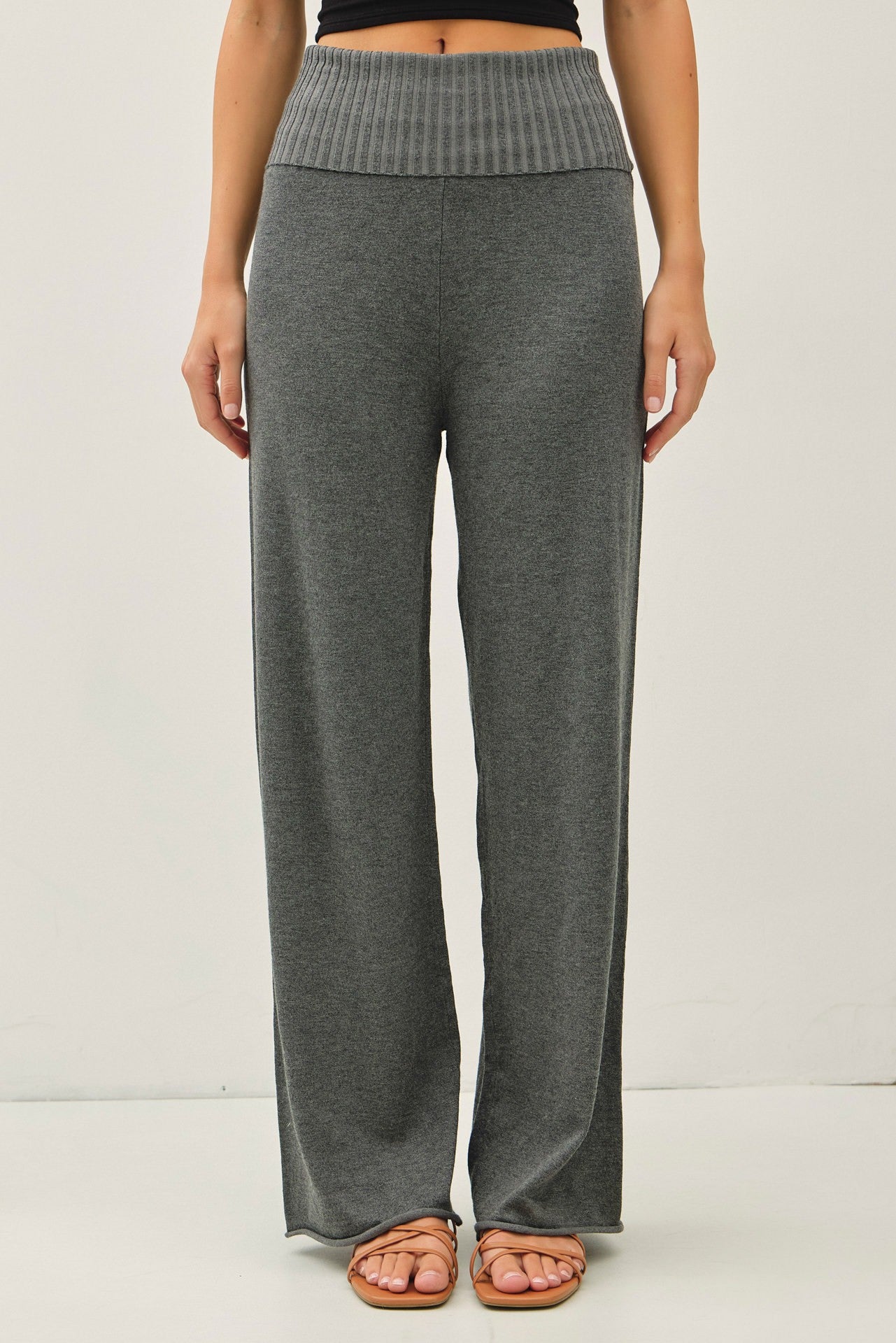 Charcoal Ribbed Knit Foldover Waist Pants