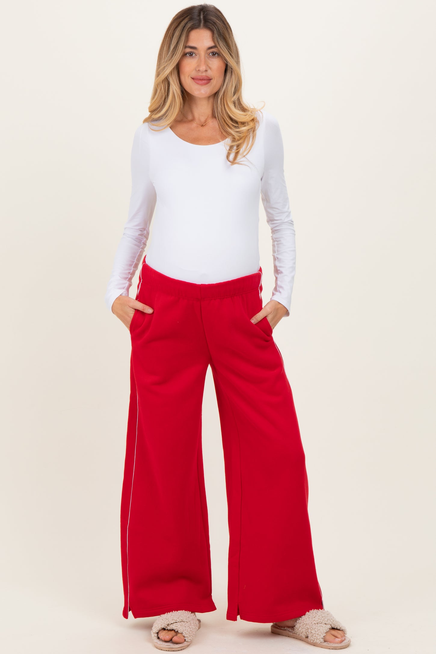 Red Fleece Wide Leg Maternity Sweatpants