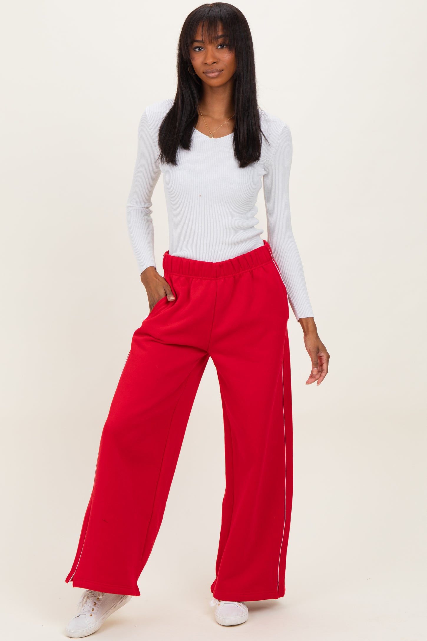 Red Fleece Wide Leg Sweatpants
