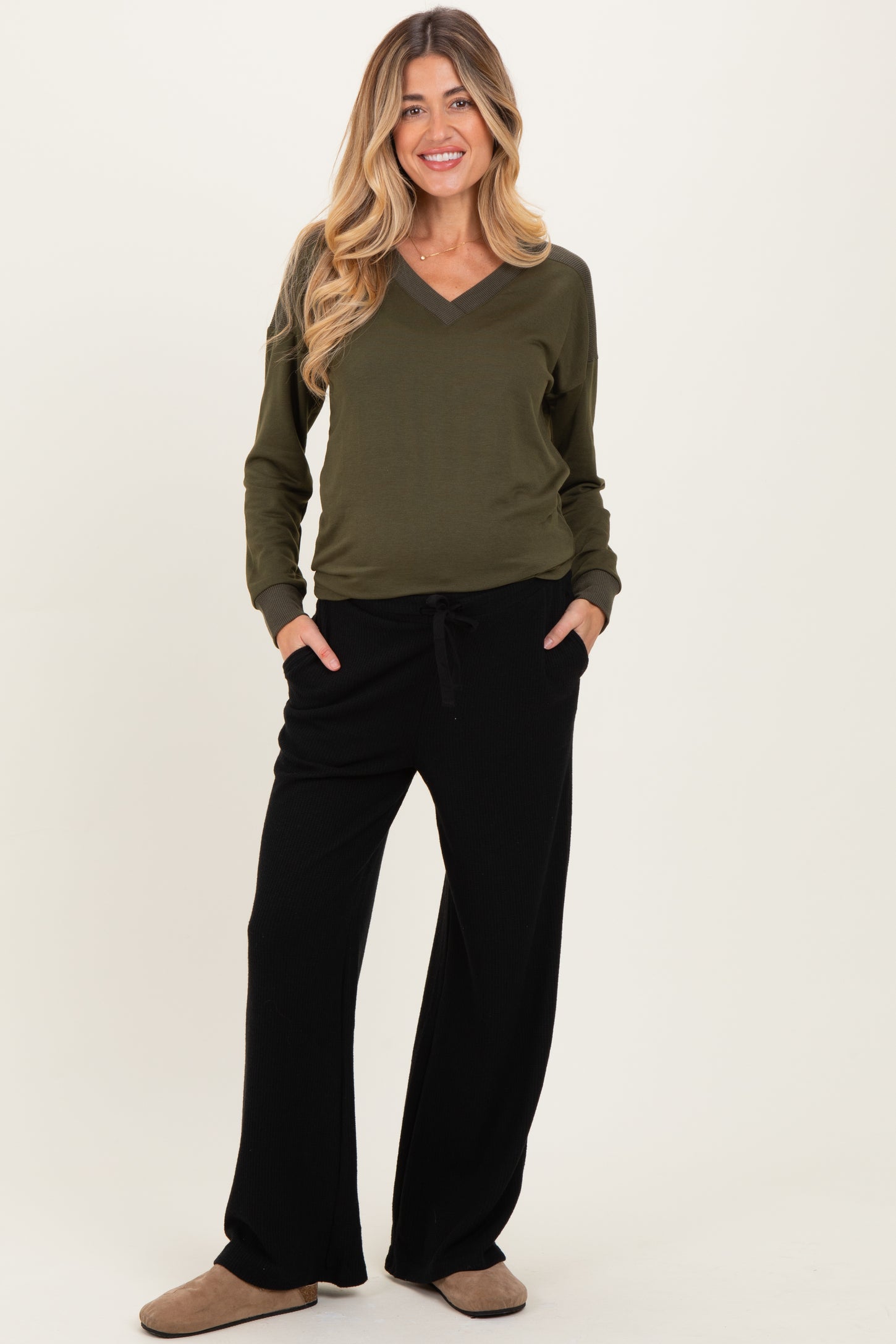 Black Brushed Ribbed Knit Maternity Lounge Pants