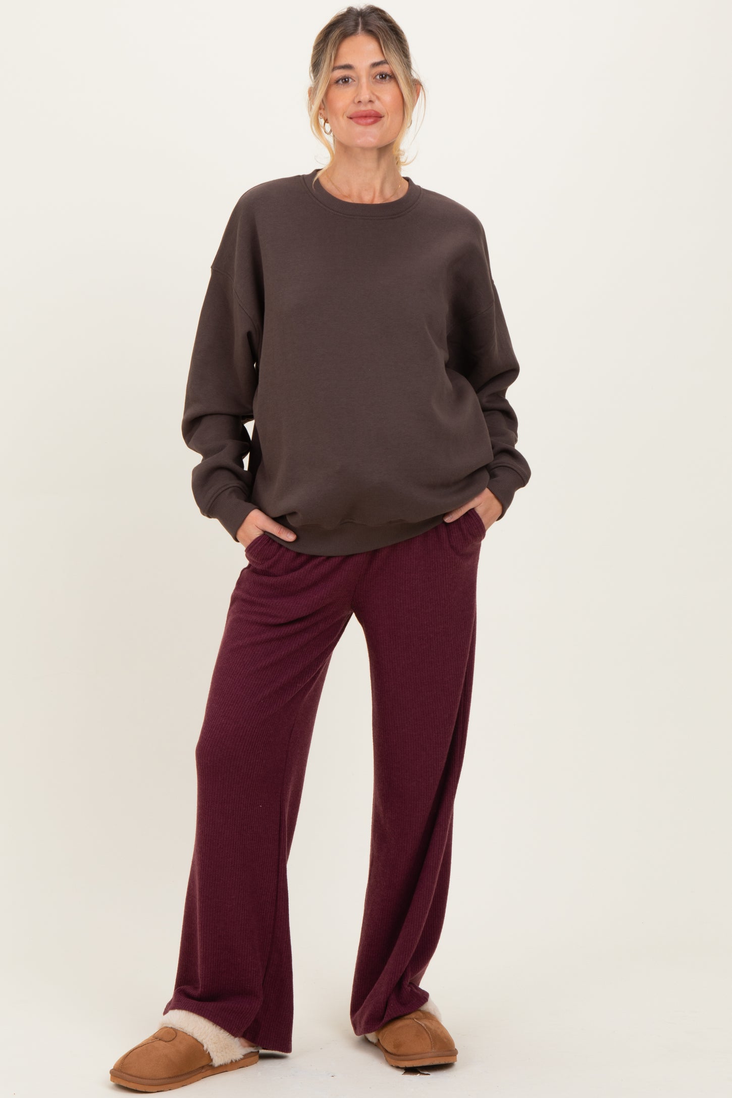 Burgundy Brushed Ribbed Knit Maternity Lounge Pants