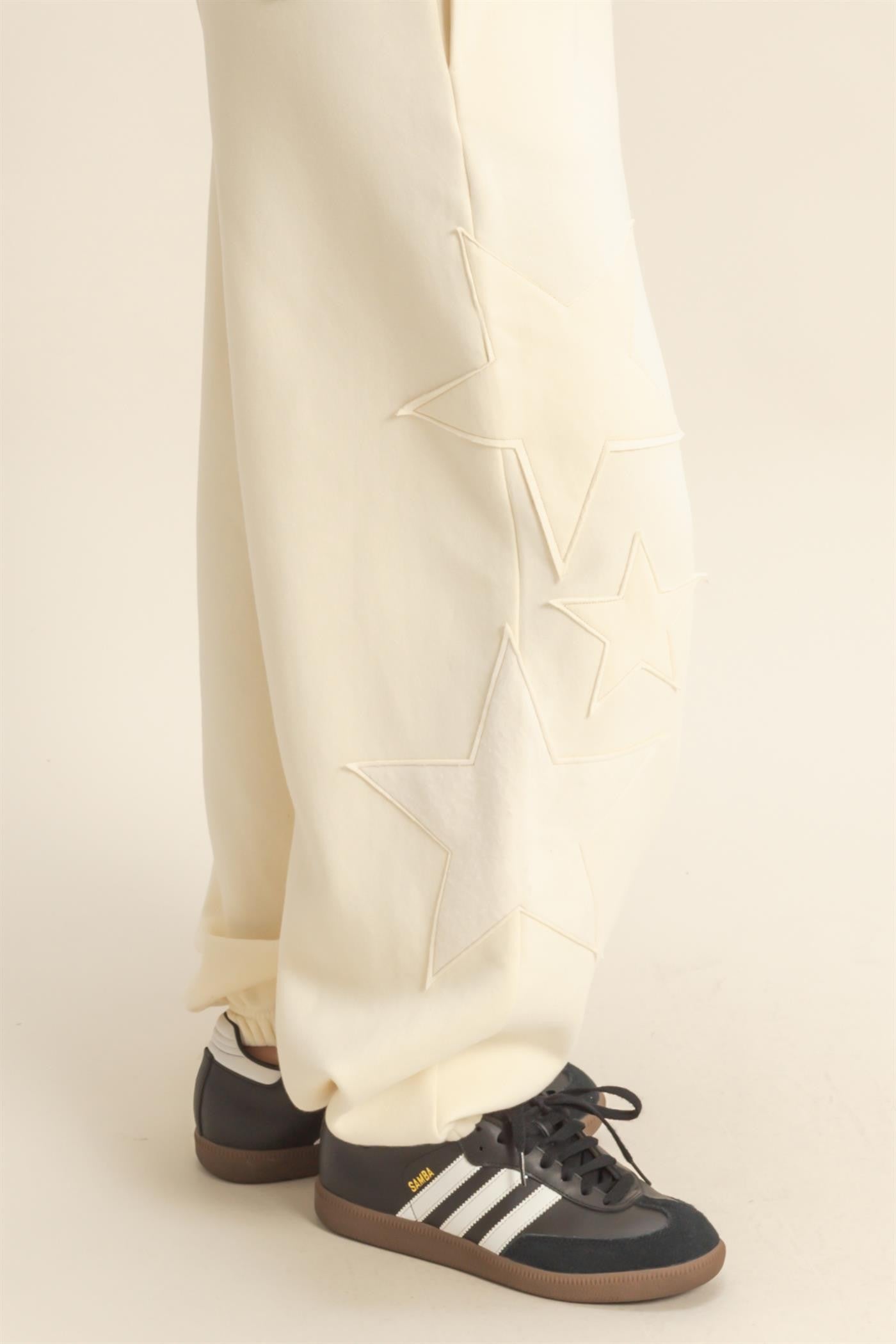 Cream Star Patch Drawstring Sweatpants