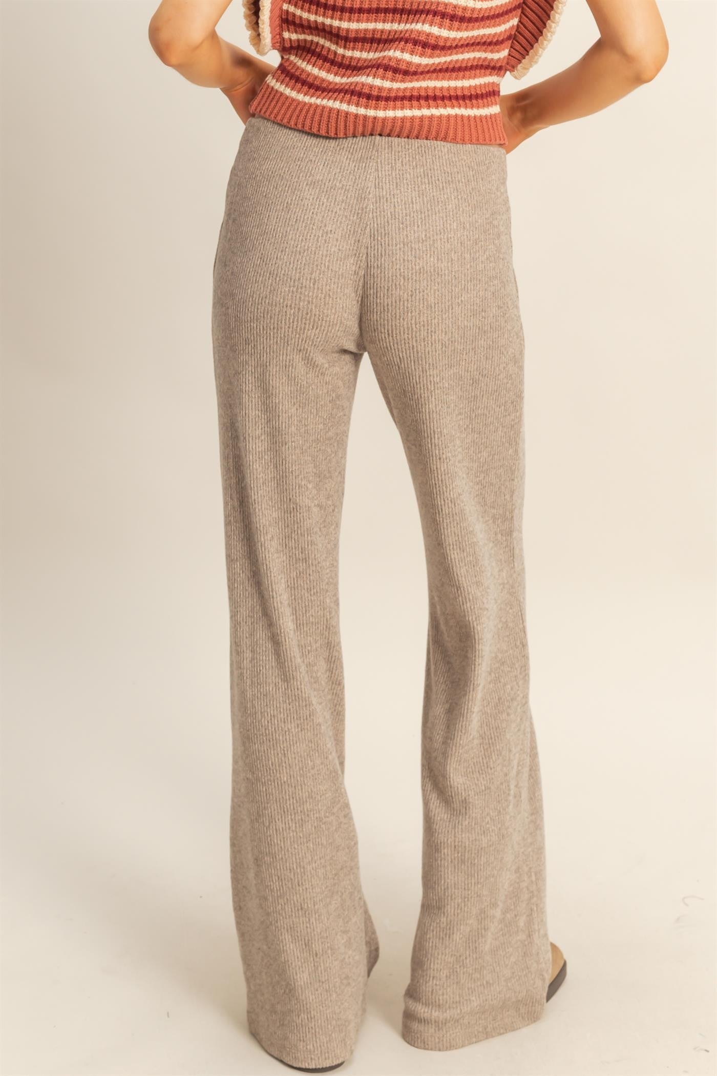 Beige Brushed Knit Flare Leg Pants