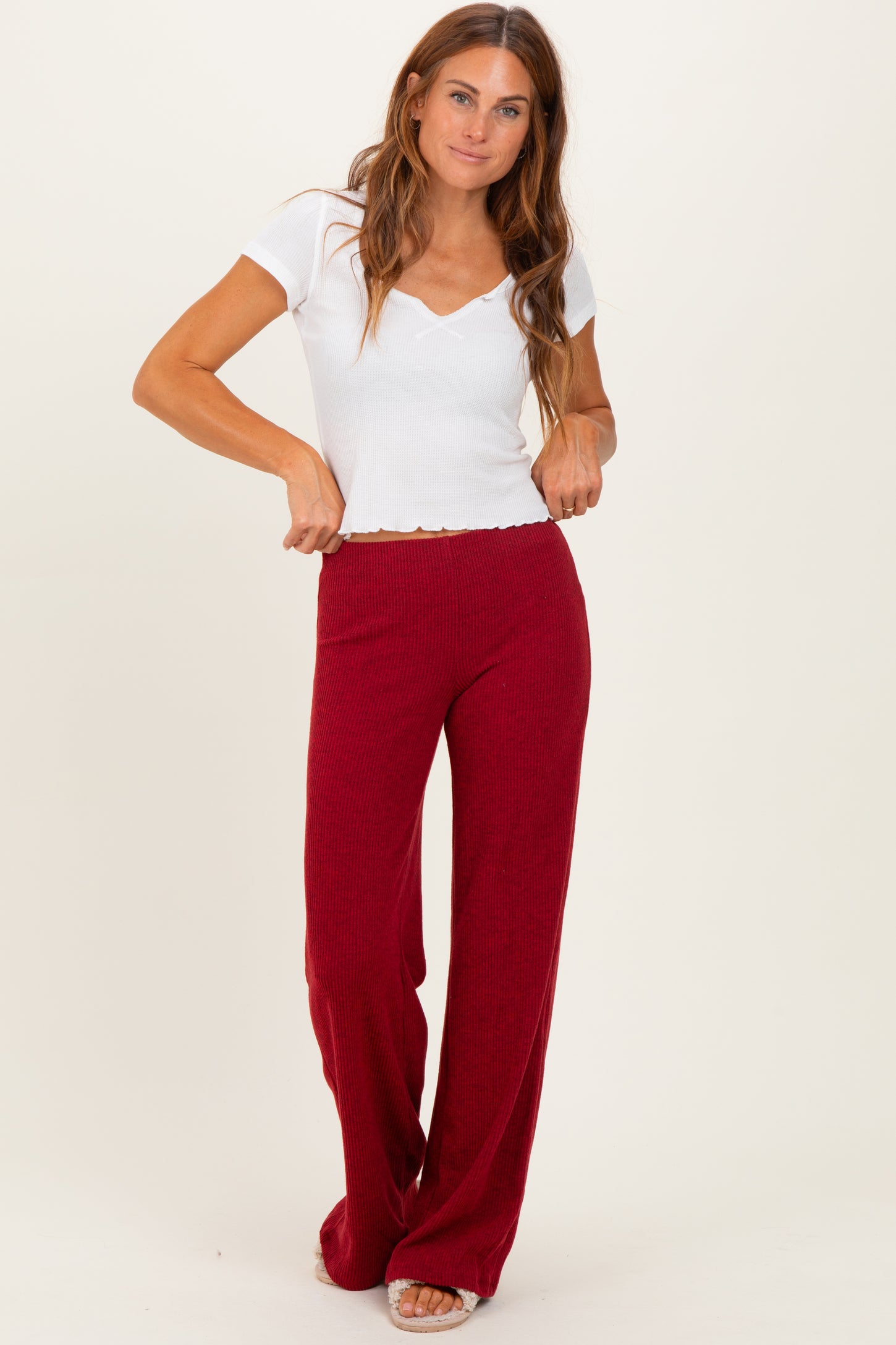 Red Brushed Knit Flare Leg Maternity Pants