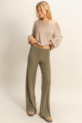 Olive Brushed Knit Flare Leg Pants