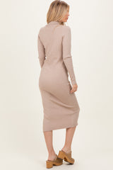 Beige Ribbed Knit Maternity Polo Dress