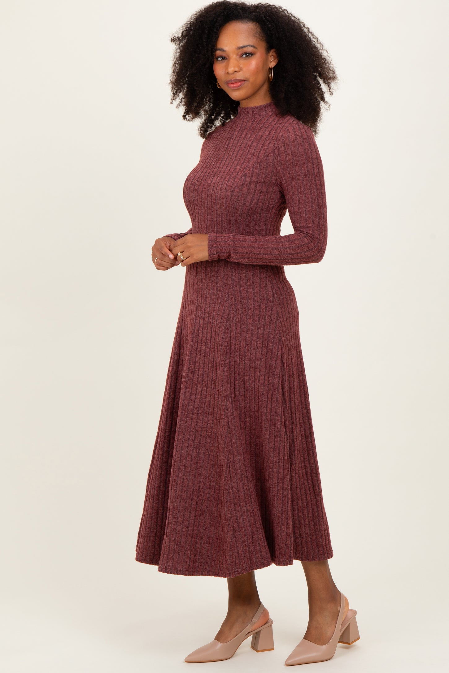 Burgundy Ribbed Mock Neck Midi Dress