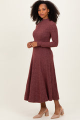 Burgundy Ribbed Mock Neck Maternity Midi Dress