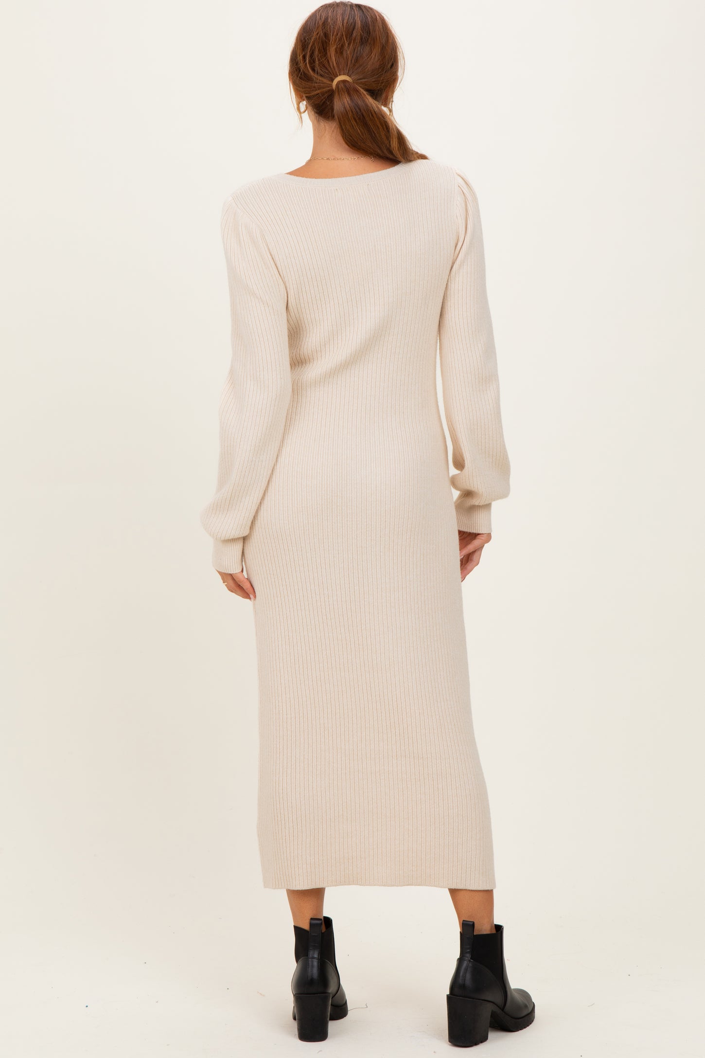 Cream Ribbed Bow Detail Midi Sweater Dress