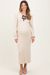Cream Ribbed Bow Detail Maternity Midi Sweater Dress
