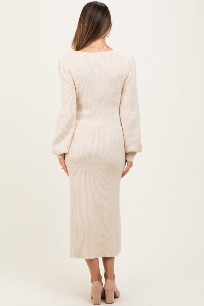 Cream Ribbed Bow Detail Maternity Midi Sweater Dress