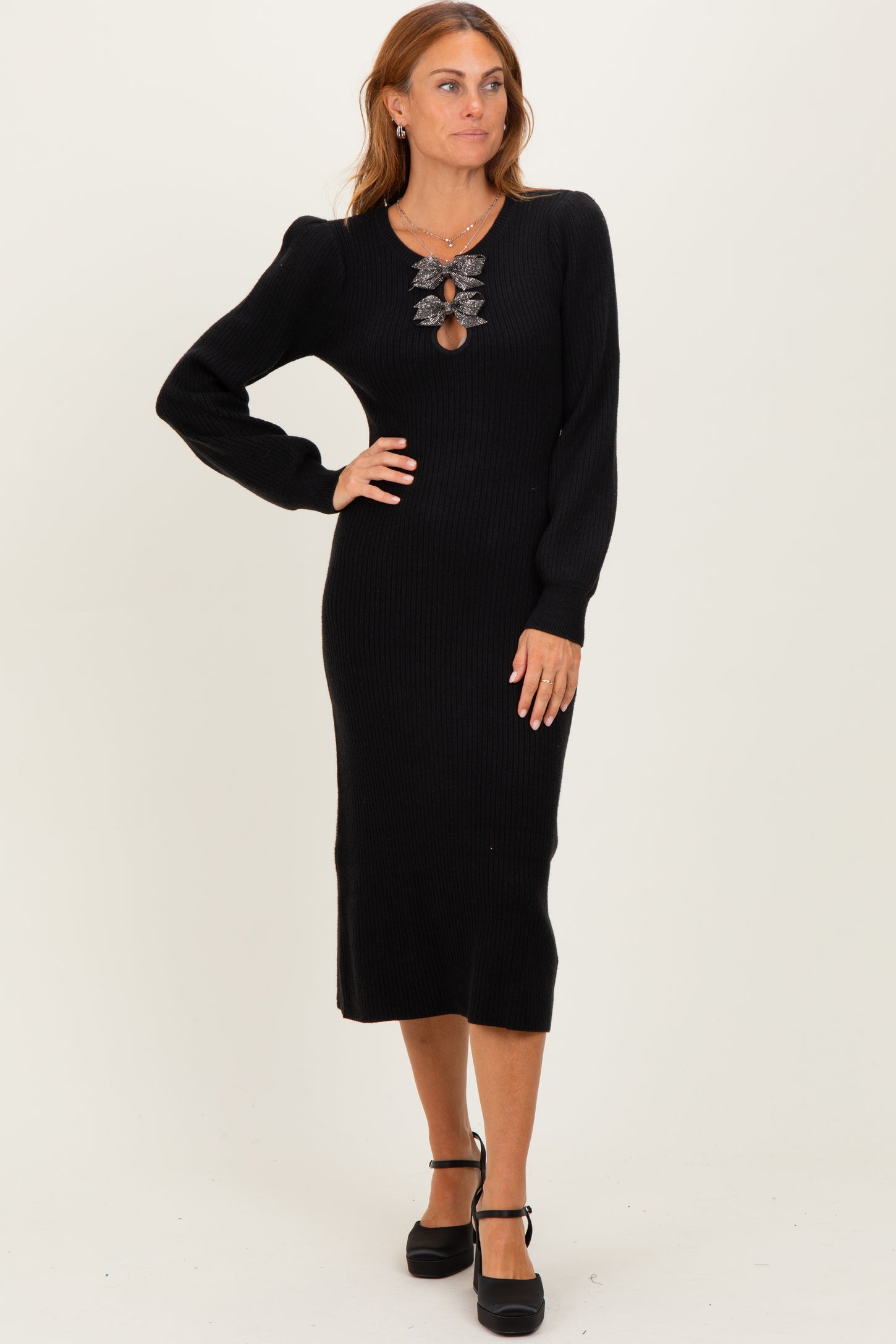 Black Ribbed Bow Detail Midi Sweater Dress