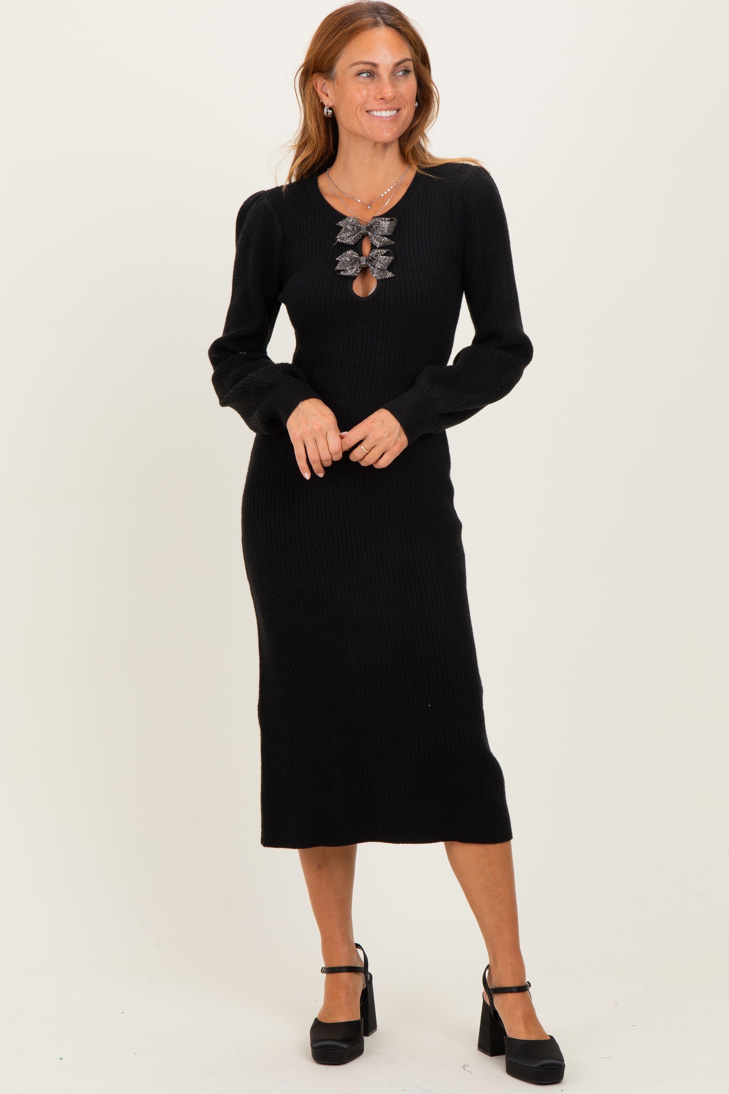 Black Ribbed Bow Detail Maternity Midi Sweater Dress Black Ribbed Bow Detail Maternity Midi Sweater Dress