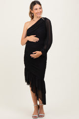 Black Mesh Ruched One Shoulder Asymmetric Maternity Dress