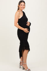 Black Mesh Ruched One Shoulder Asymmetric Maternity Dress