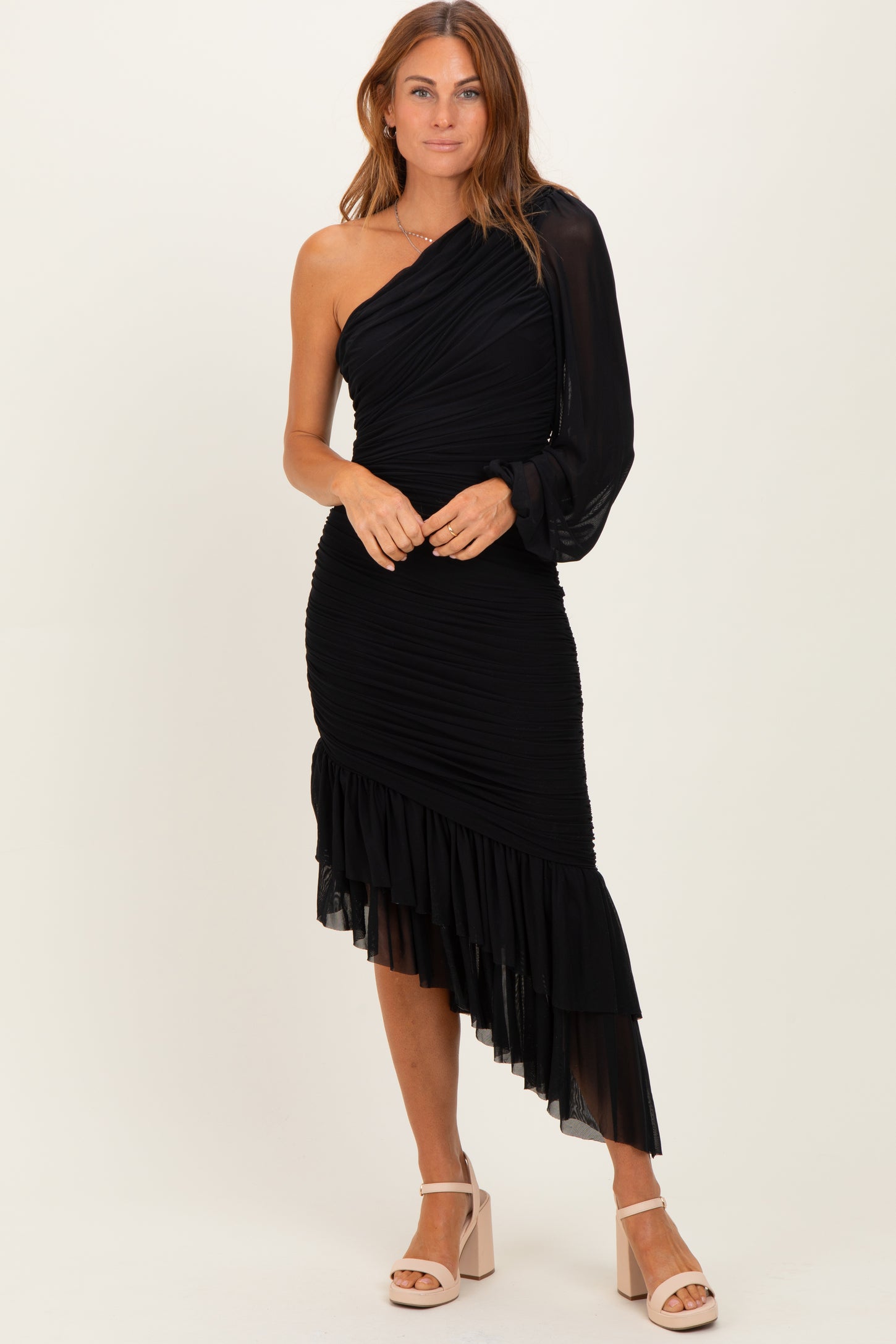 Black Mesh Ruched One Shoulder Asymmetric Maternity Dress Black Mesh Ruched One Shoulder Asymmetric Maternity Dress