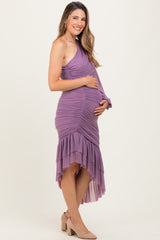 Lavender Mesh Ruched One Shoulder Asymmetric Maternity Dress