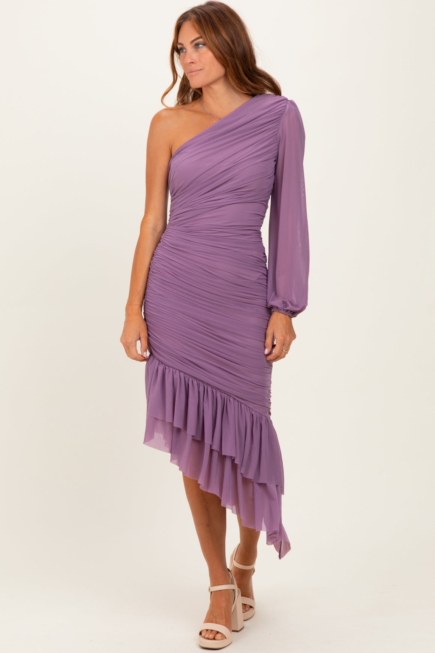 Lavender Mesh Ruched One Shoulder Asymmetric Dress Lavender Mesh Ruched One Shoulder Asymmetric Dress