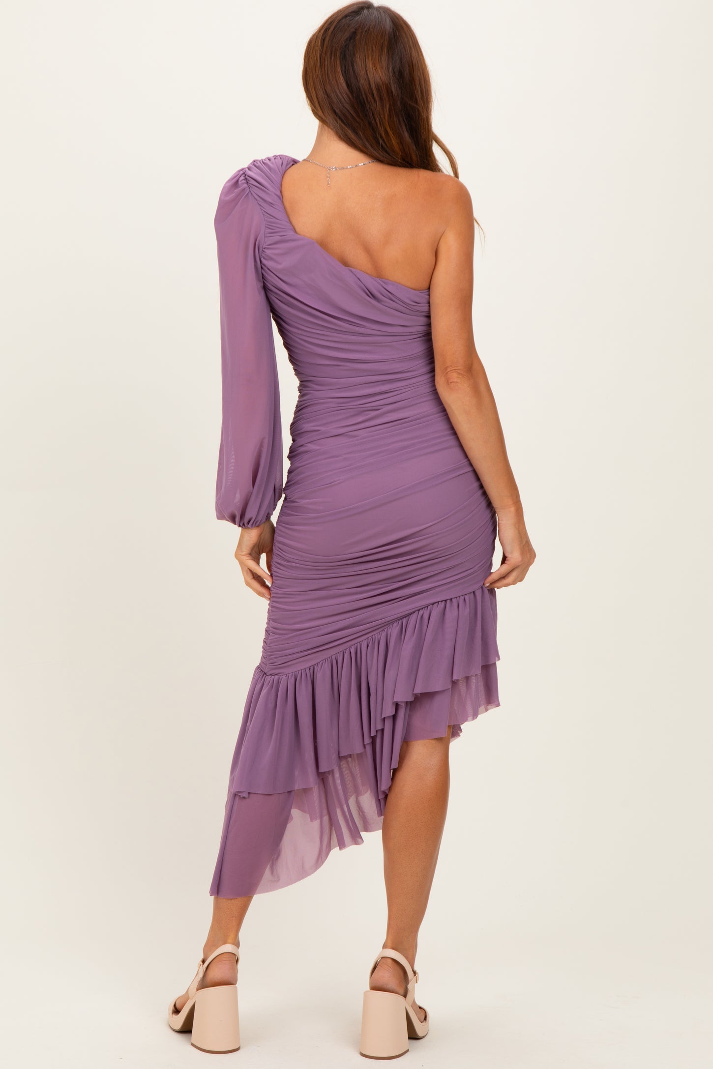 Lavender Mesh Ruched One Shoulder Asymmetric Dress Lavender Mesh Ruched One Shoulder Asymmetric Dress