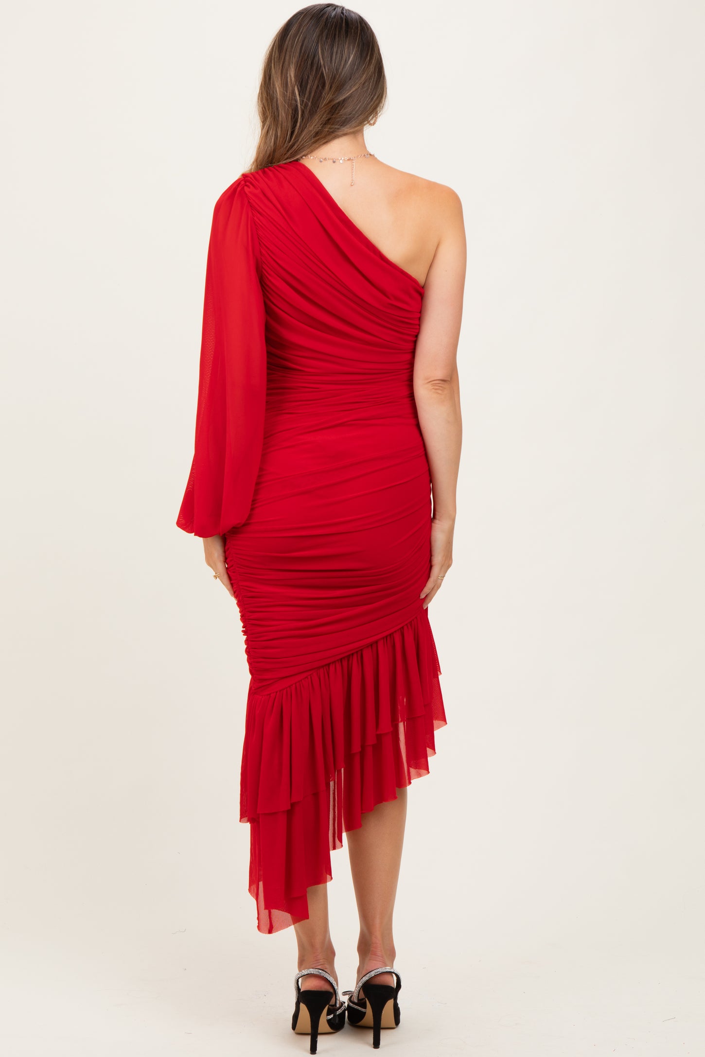 Red Mesh Ruched One Shoulder Asymmetric Maternity Dress