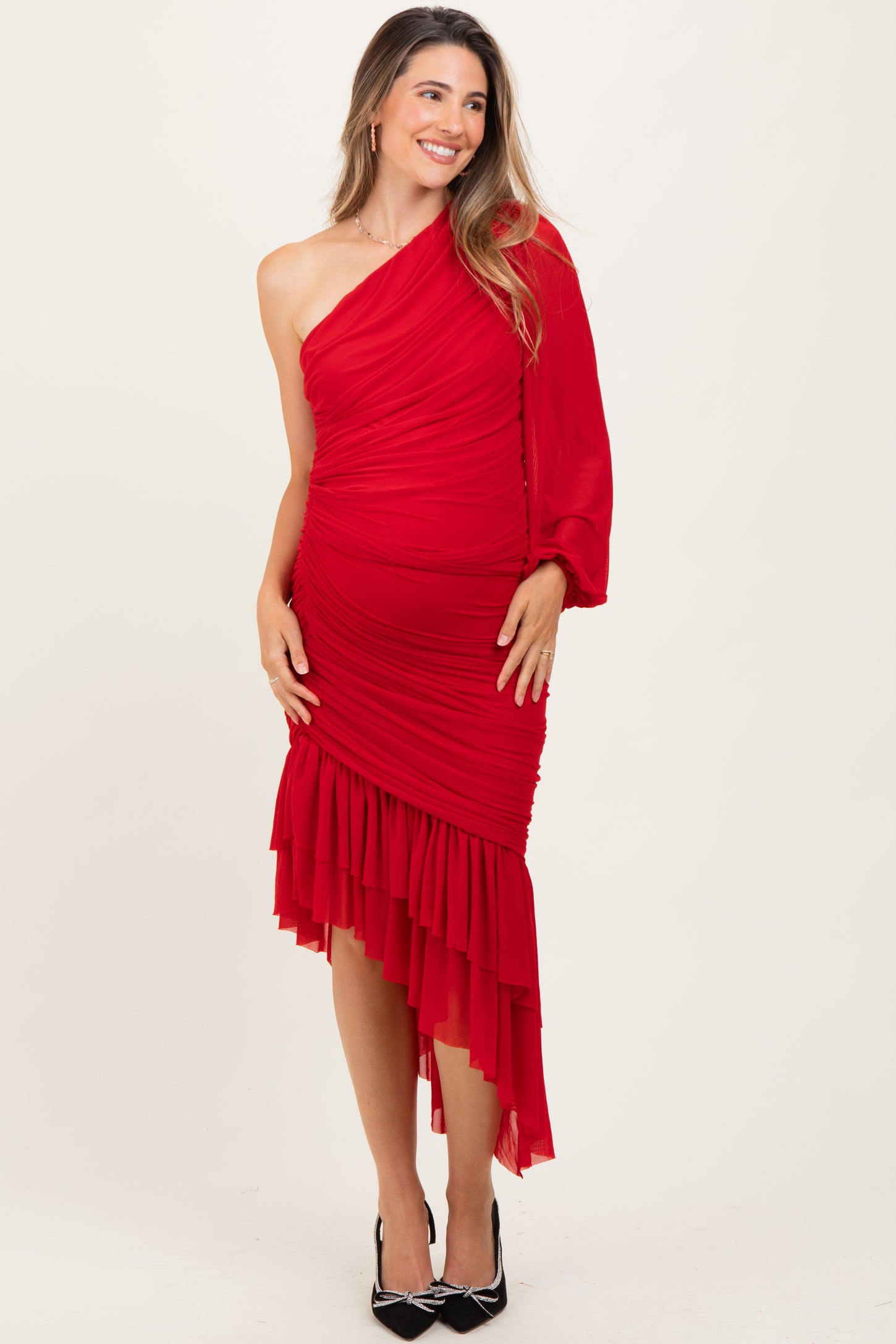 Red Mesh Ruched One Shoulder Asymmetric Maternity Dress