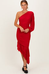 Red Mesh Ruched One Shoulder Asymmetric Dress