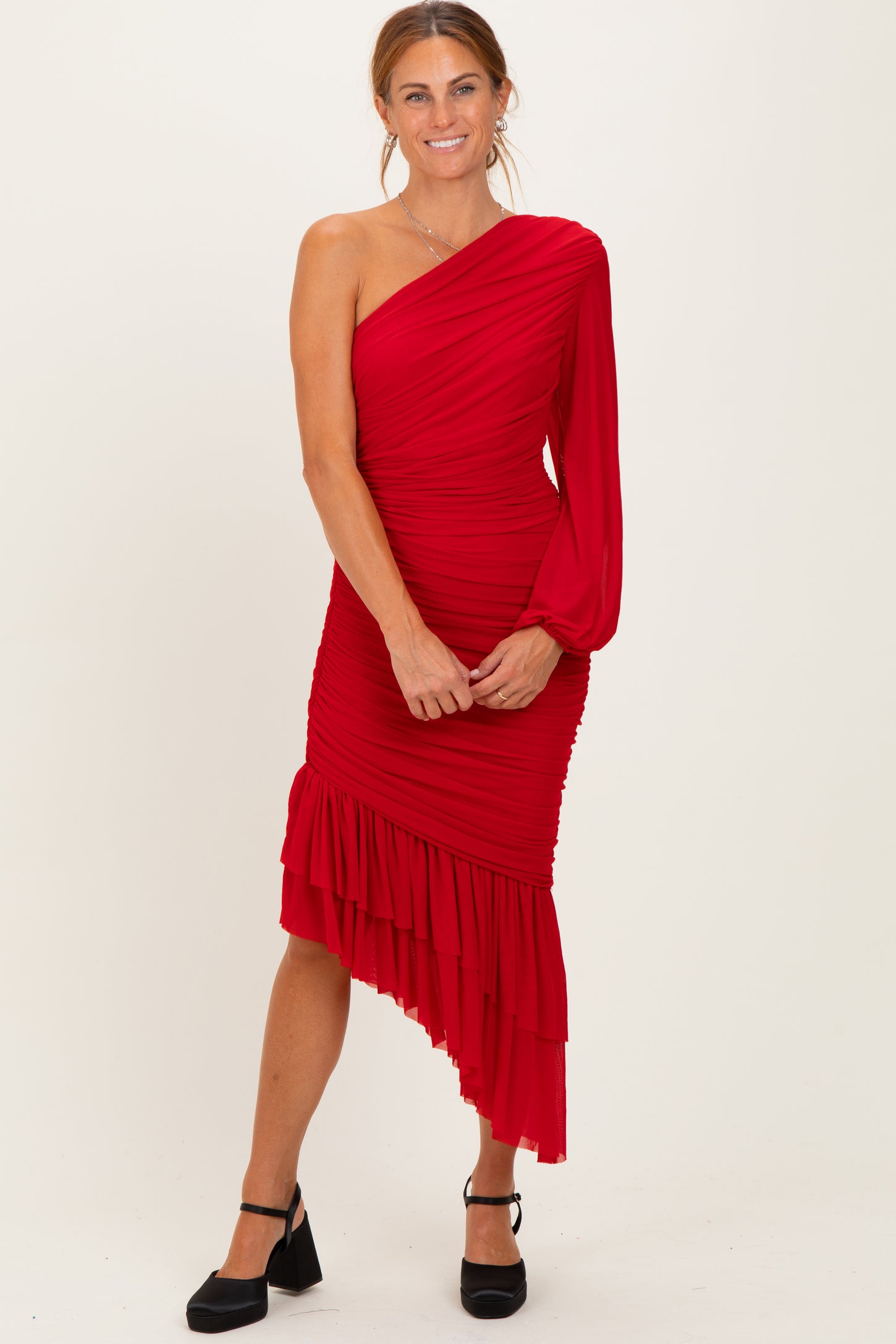 balenciaga asymmetric dress Red Mesh Ruched One Shoulder Asymmetric Dress