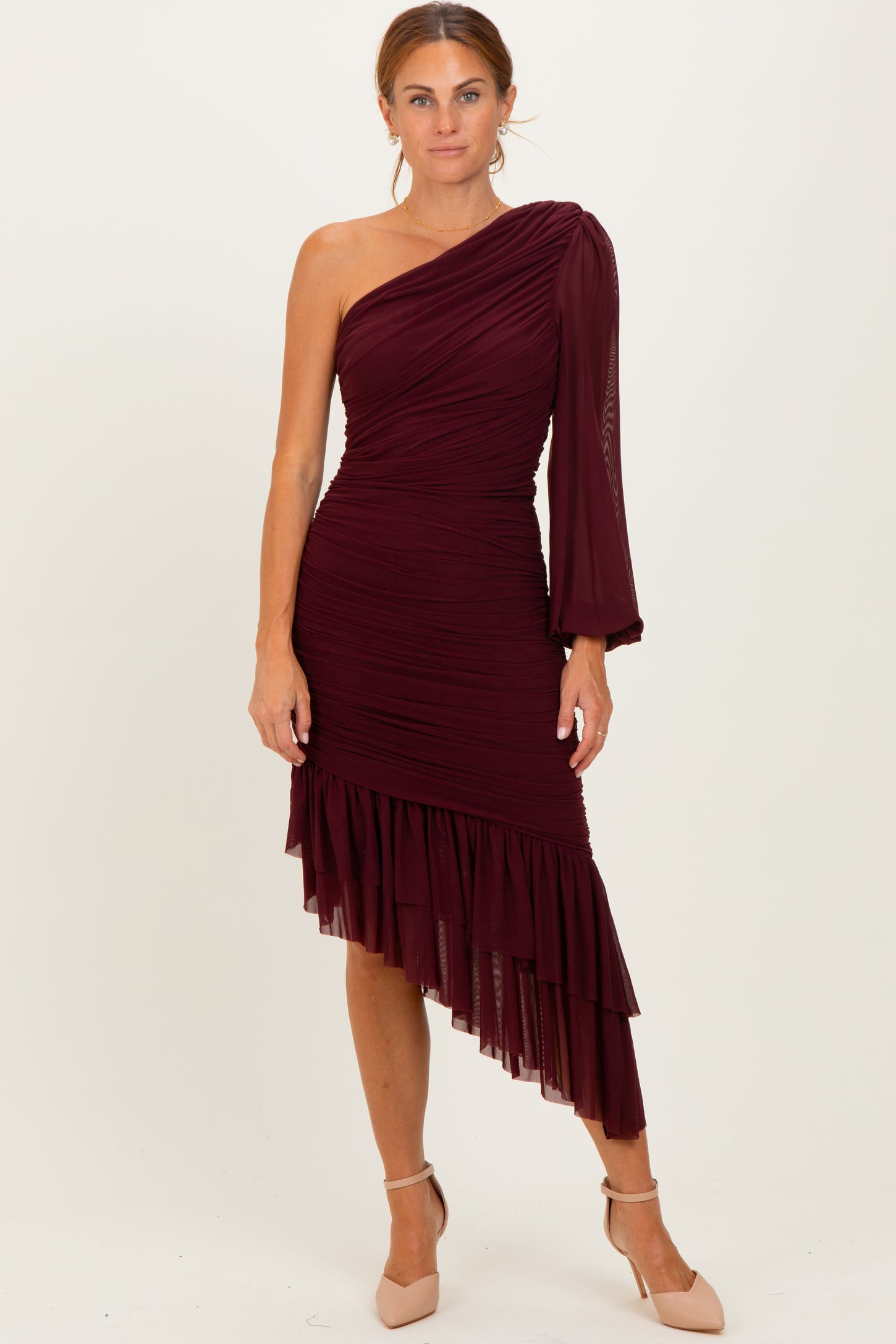 Dark Burgundy Mesh Ruched One Shoulder Asymmetric Maternity Dress