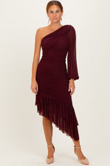 Dark Burgundy Mesh Ruched One Shoulder Asymmetric Dress