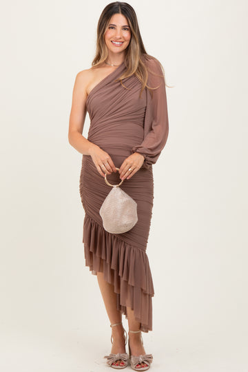 Mocha Mesh Ruched One Shoulder Asymmetric Maternity Dress