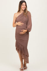 Mocha Mesh Ruched One Shoulder Asymmetric Maternity Dress
