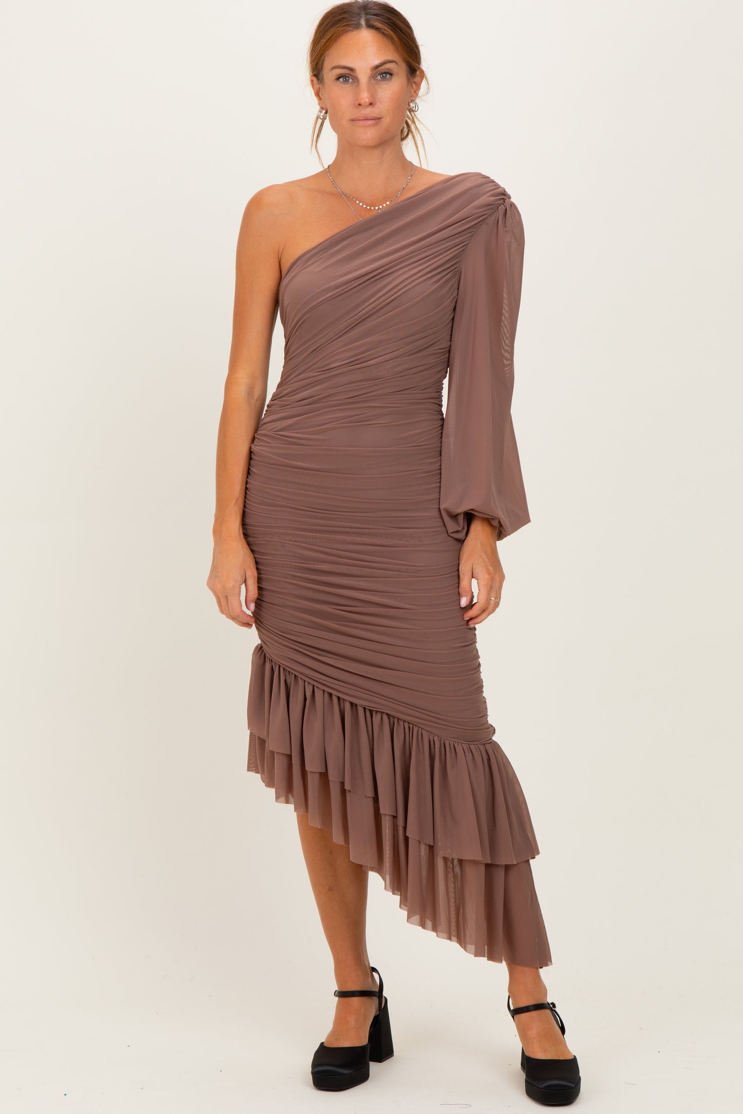 Mocha Mesh Ruched One Shoulder Asymmetric Dress Mocha Mesh Ruched One Shoulder Asymmetric Dress