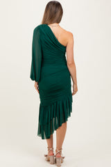 Forest Green Mesh Ruched One Shoulder Asymmetric Maternity Dress